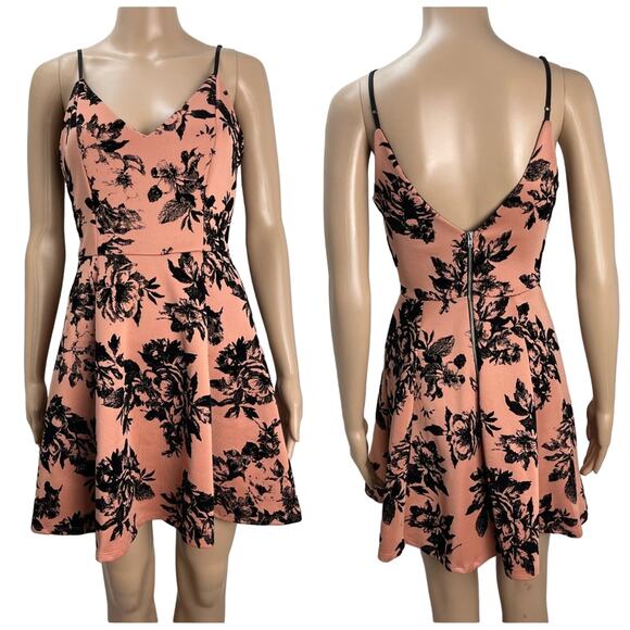 Aqua Fit and Flare Peach and Black Floral Mini Dress - Picture 1 of 11